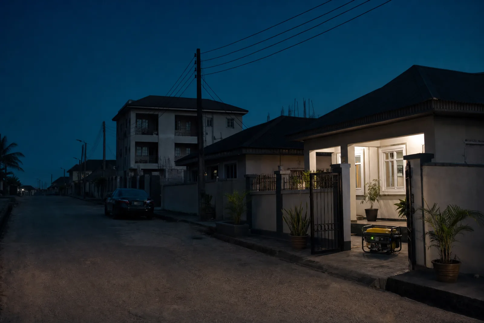 A Lagos street in a power cut — one house still has light from its petrol generator